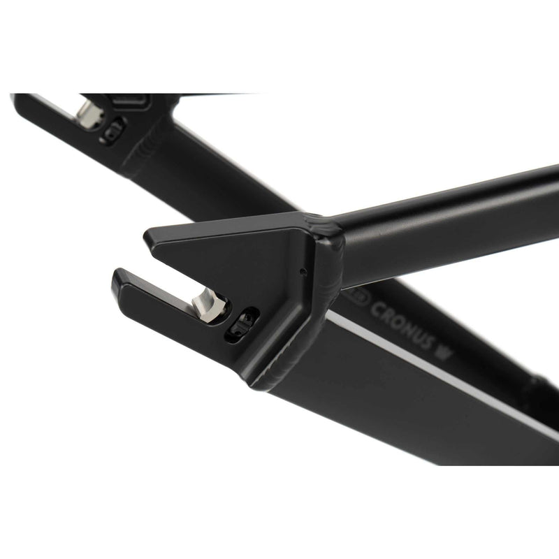 Close-up of black CRONUS Frame aluminum bike dropout with integrated chain tensioner and disc brake mount