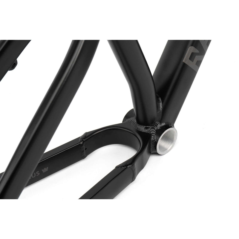 Close-up view of black CRONUS Frame bottom bracket and chainstay area made from 6061-T6 aluminum for Dirt Jump and Slopestyle biking