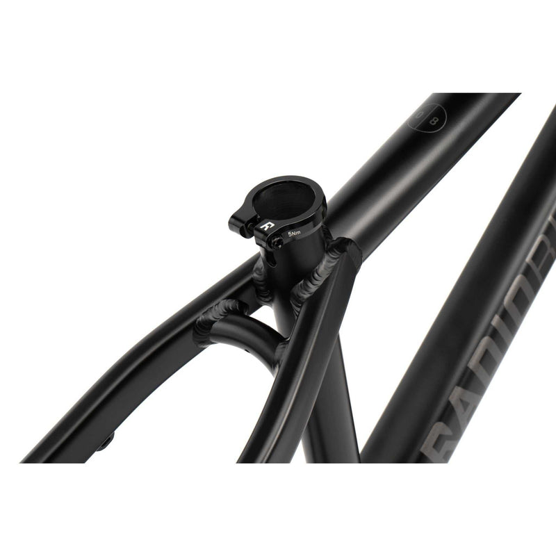 Black RADIO CRONUS Frame made from 6061-T6 aluminum with hydroformed tubes and integrated chain tensioners for slopestyle biking