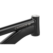 Close-up of black CRONUS Frame made from 6061-T6 aluminum with reinforced welding and logo on top tube for slopestyle biking