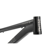Close-up of black CRONUS Frame made from 6061-T6 aluminum with hydroformed tubes and tapered head tube for BMX slopestyle riding