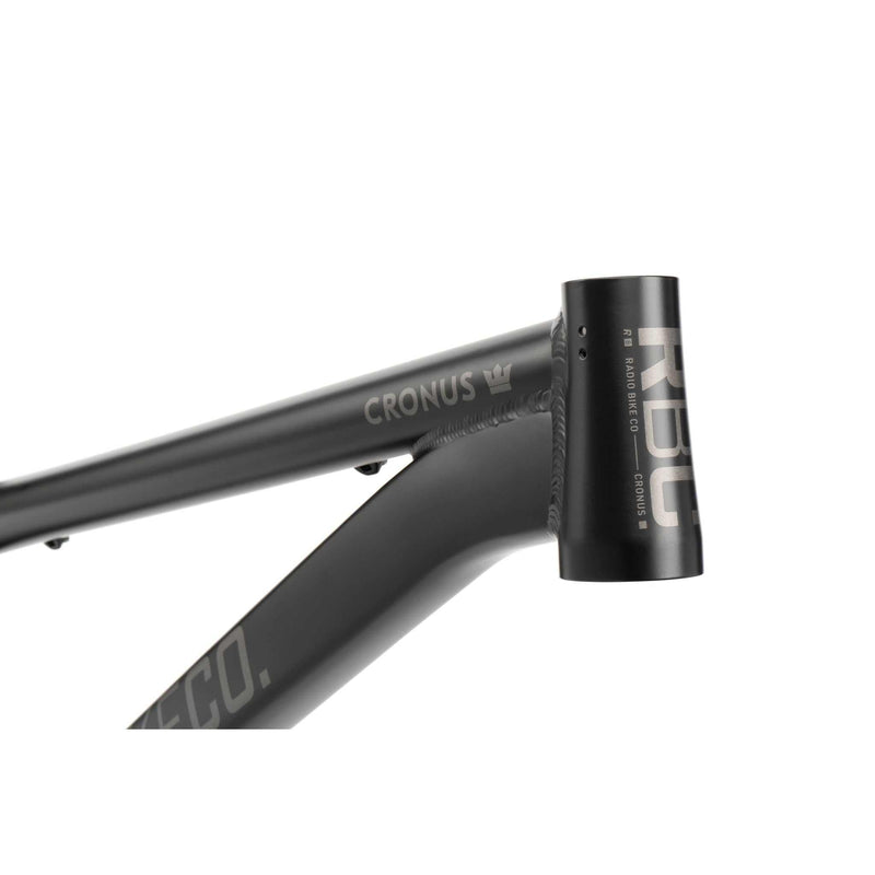 Close-up of black CRONUS Frame made from 6061-T6 aluminum with hydroformed tubes and tapered head tube for BMX slopestyle riding
