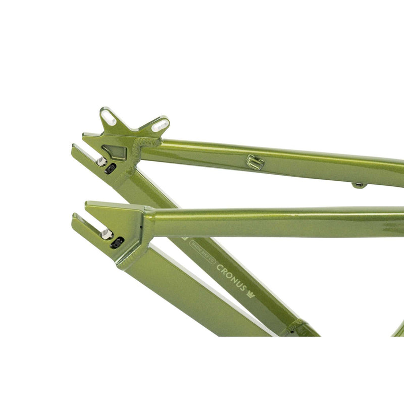 Close-up of green CRONUS Frame aluminum dirt jump and slopestyle bike frame section with forged dropouts and chain tensioners.