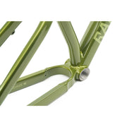 Close-up of olive green CRONUS Frame slopestyle bike frame made from 6061-T6 aluminum with reinforced chainstays and forged dropouts.