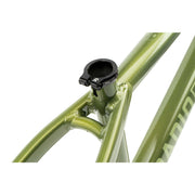 Close-up of green CRONUS Frame aluminum Slopestyle bike frame tubing and seat clamp