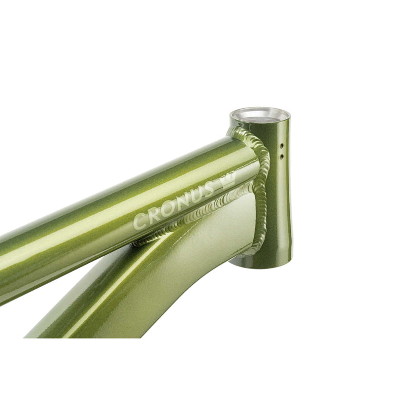 Close-up of green CRONUS Frame bike tubing and head tube with weld details