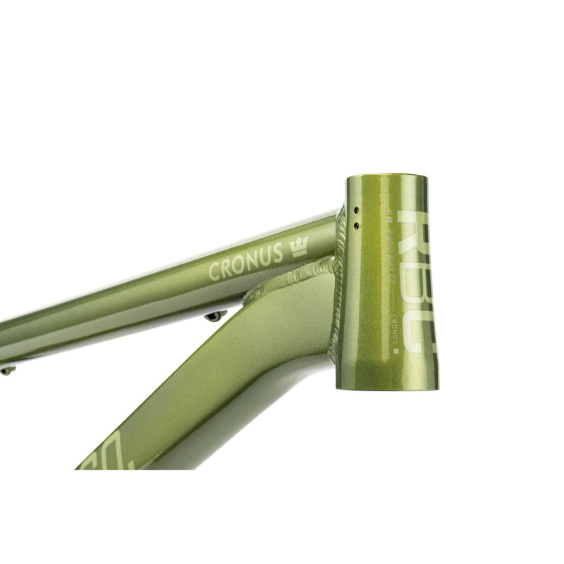 Close-up of green CRONUS Frame BMX bike frame made from 6061-T6 aluminum with hydroformed tubes and drilled head tube for gyro tabs