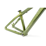 Green RADIOSIGNATURE 6061-T6 aluminum CRONUS Slopestyle bike frame with hydroformed tubing and integrated chain tensioners.