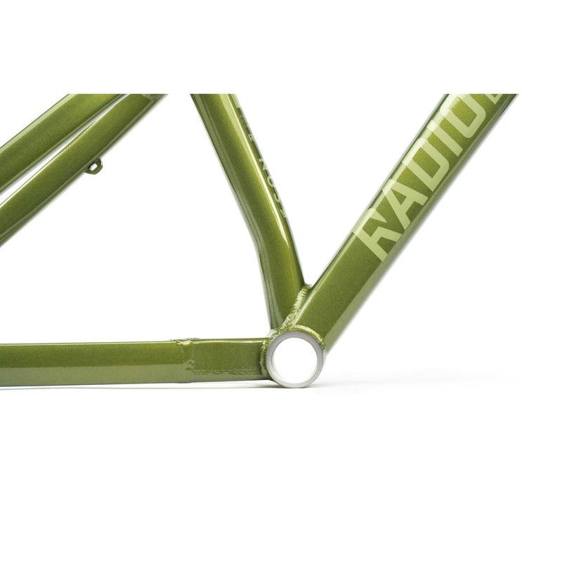 Close-up of green RADIO CRONUS Frame aluminum slopestyle bike frame showing welds and bottom bracket area