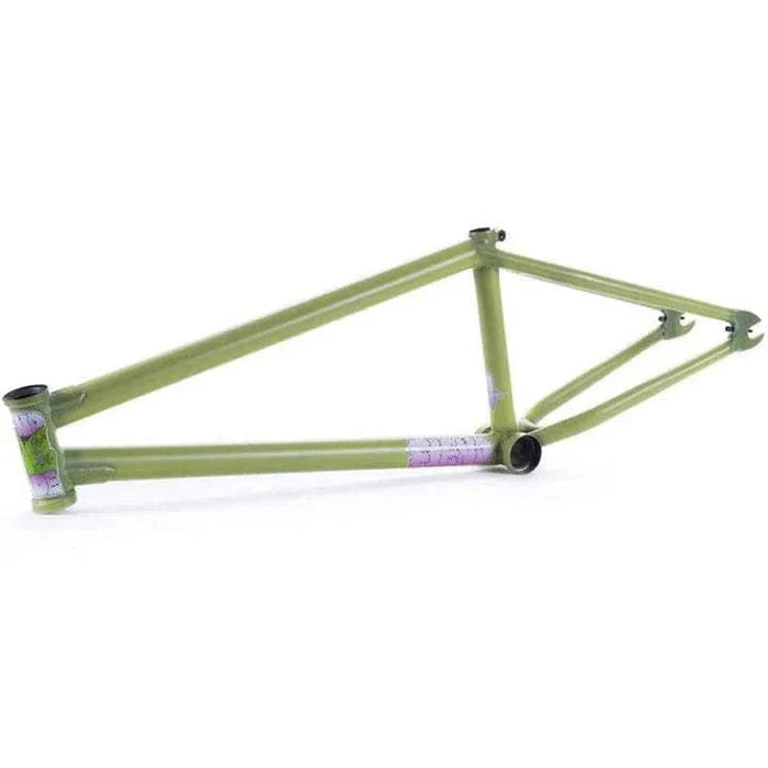 Fiend Ty Morrow BMX frame in olive green 4130 chromoly with gusseted tubes and tapered seatstays