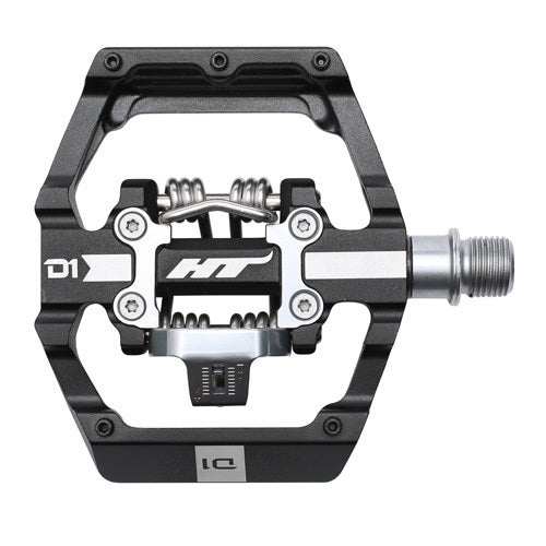HT Components D1 dual function black aluminum bike pedal with clip and flat sides for stability and control
