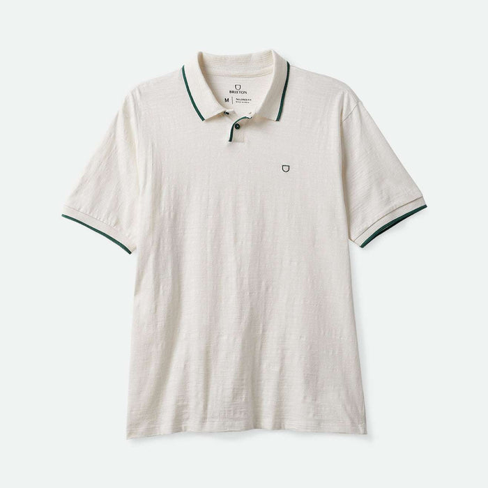BRIXTON PROPER white polo knit shirt with dark green trim on collar and sleeves