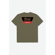 Olive BRIXTON LINWOOD t-shirt with black and red BRIXTON COMPANY logo on back