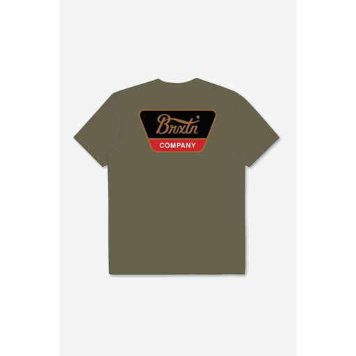 Olive BRIXTON LINWOOD t-shirt with black and red BRIXTON COMPANY logo on back
