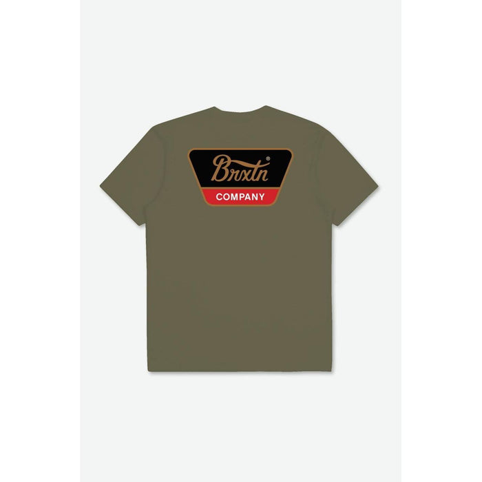 Olive BRIXTON LINWOOD t-shirt with black and red BRIXTON COMPANY logo on back