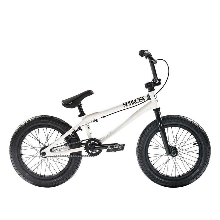 White SUBROSA ALTUS 16" BMX bike with black tires and seat designed for kids aged 5-8 years