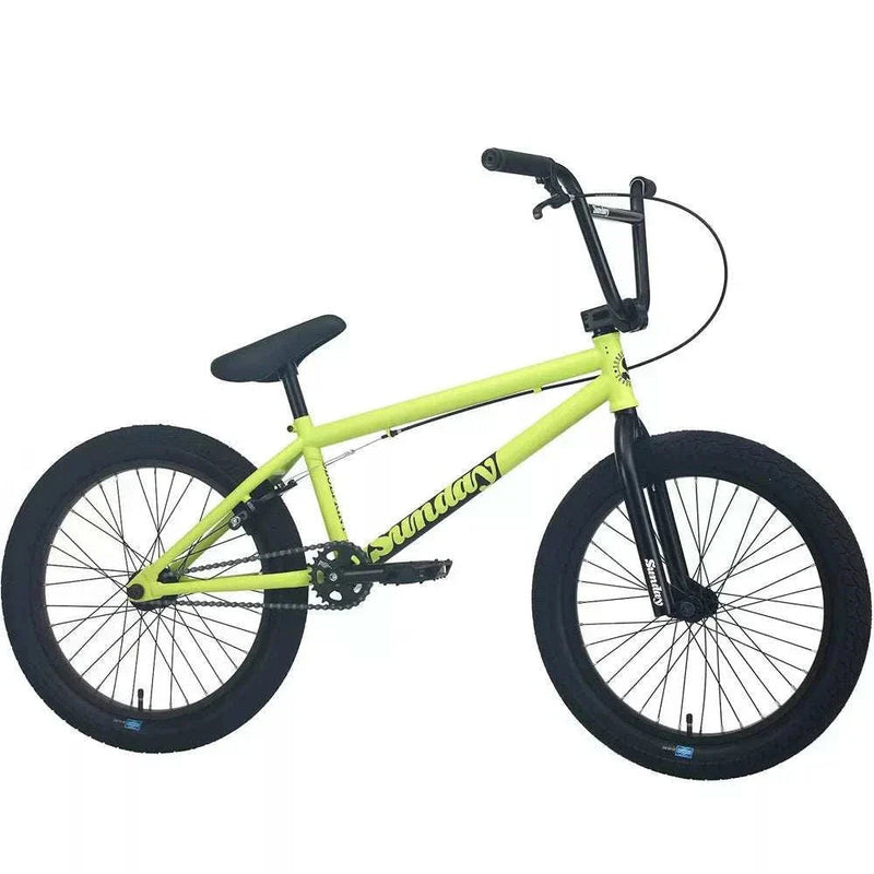 SUNDAY BLUEPRINT 20" complete BMX bike in lime green with black wheels and handlebars designed for new riders with pro-level geometry