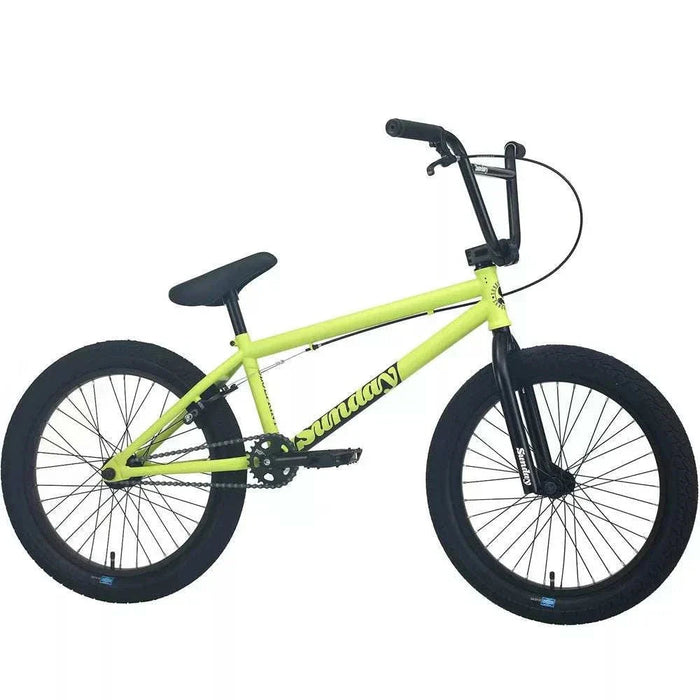 SUNDAY BLUEPRINT 20" complete BMX bike in lime green with black wheels and handlebars designed for new riders with pro-level geometry