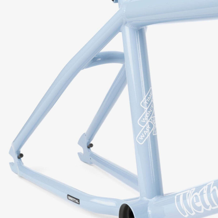 Light blue WETHEPEOPLE TRIGGER FRAME BMX bike frame made from Japanese seamless 4130 chromoly tubing with adaptive geometry and signature decals