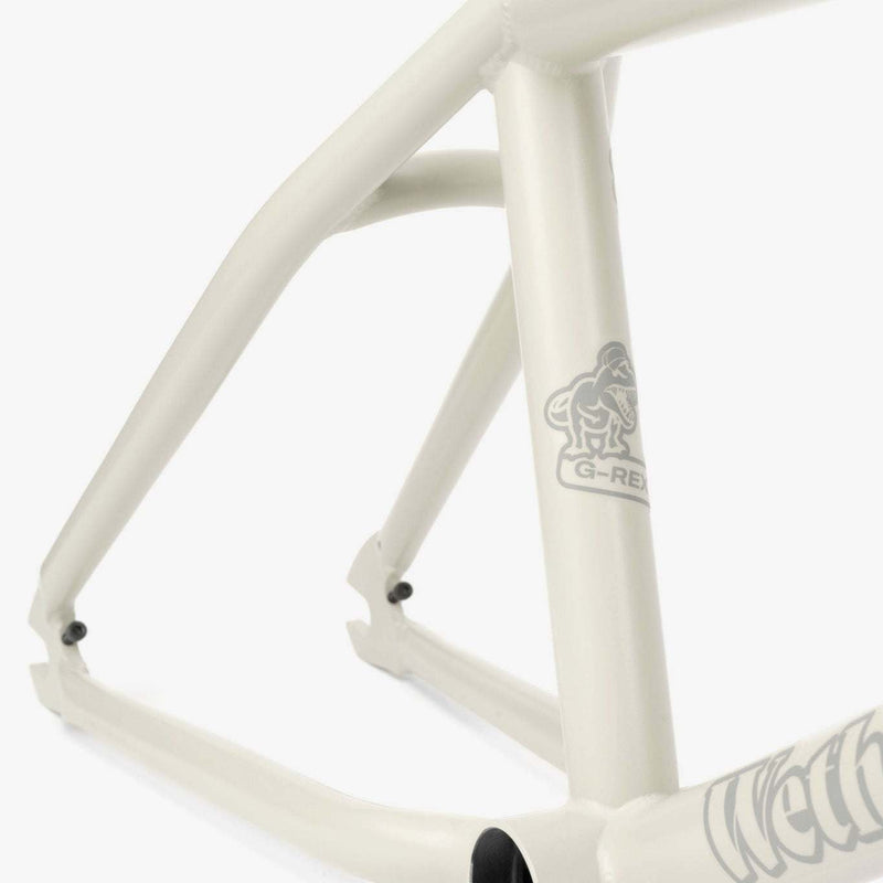 Wethepeople Trigger Frame BMX bike frame in off-white with G-Rex logo and durable crmo tubing design