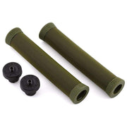 Olive green Stranger Piston SuuuperSoft ribbed rubber bike grips with black Stranger plugz bar ends