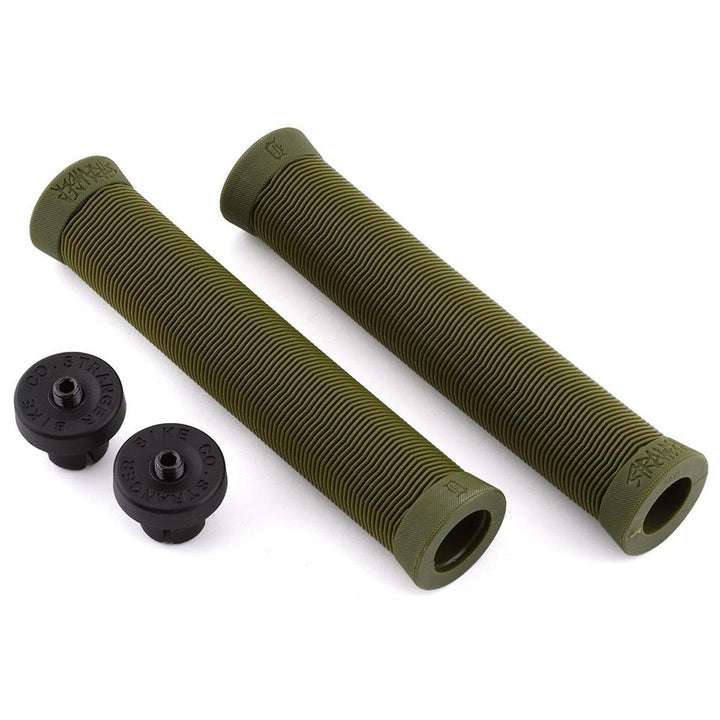 Olive green Stranger Piston SuuuperSoft ribbed rubber bike grips with black Stranger plugz bar ends
