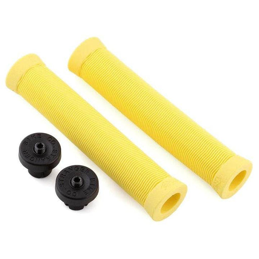 Yellow Stranger Piston SuuuperSoft rubber grips with wavey ribbed pattern and black plugz bar ends