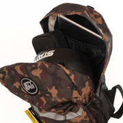 Stay Strong V3 Icon Backpack in camouflage pattern with multiple compartments holding a 17-inch laptop and helmet