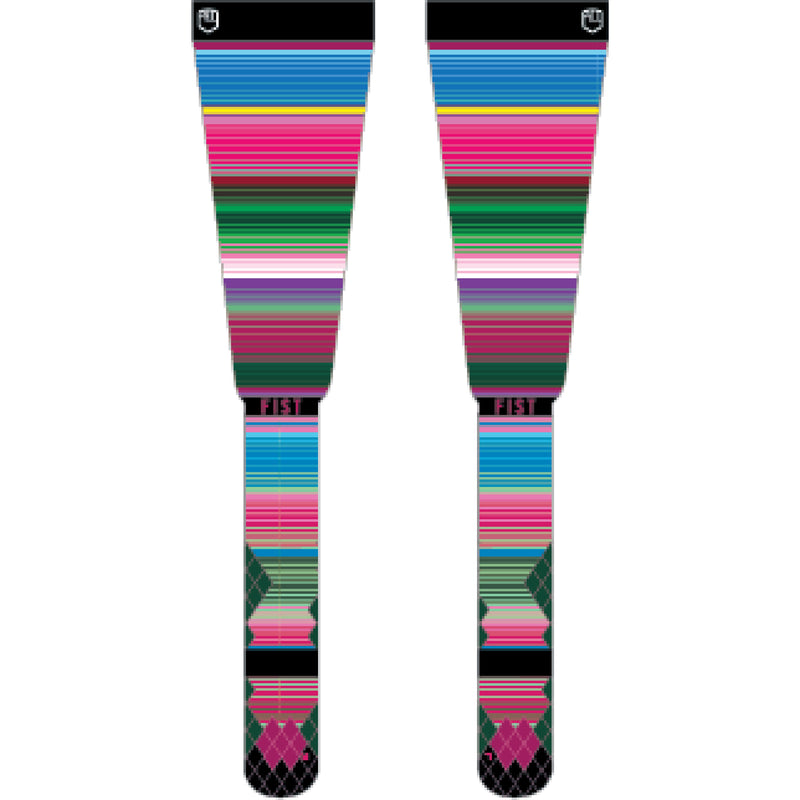 FIST colorful Los Taka high leg socks with striped multi-color design, Thermolite technology, breathable mesh panel, and anatomical cushioning for comfort.