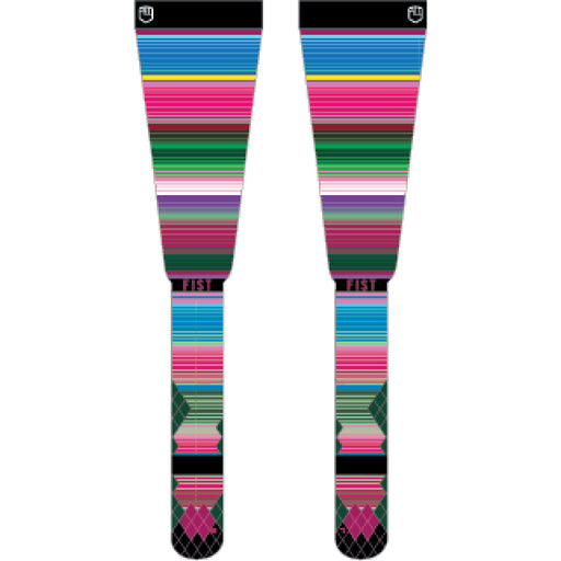 FIST colorful Los Taka high leg socks with striped multi-color design, Thermolite technology, breathable mesh panel, and anatomical cushioning for comfort.