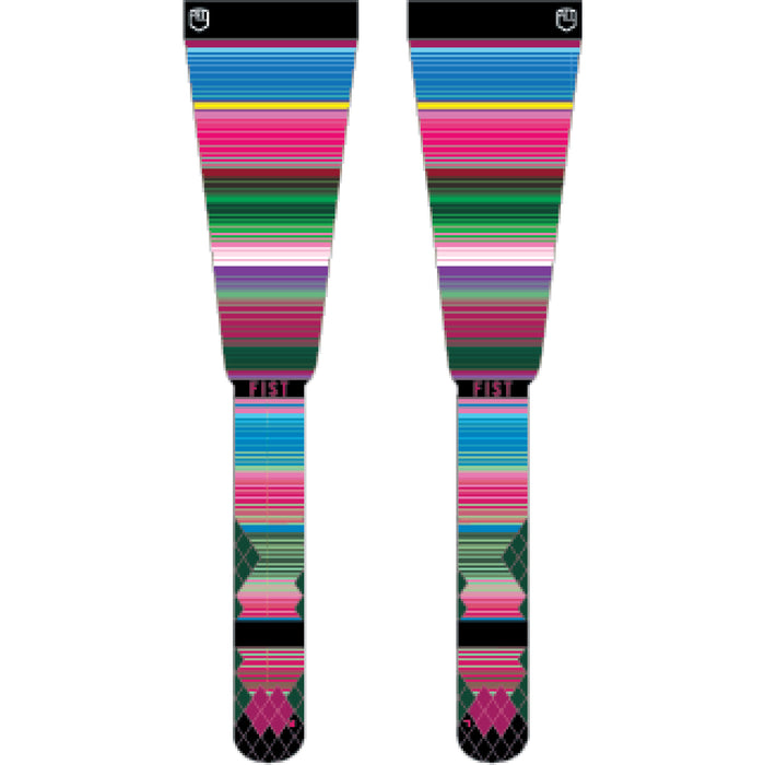 FIST colorful Los Taka high leg socks with striped multi-color design, Thermolite technology, breathable mesh panel, and anatomical cushioning for comfort.