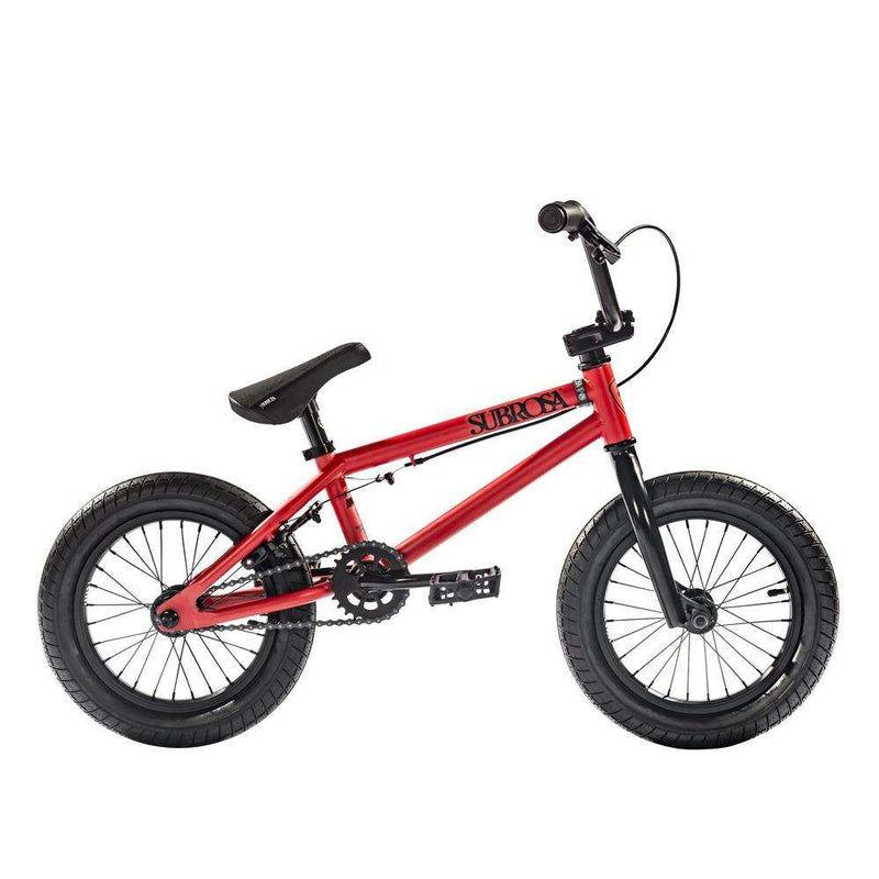 Red SUBROSA ALTUS 14" BMX bike for kids with 14-inch wheels and Hi-Ten steel frame.