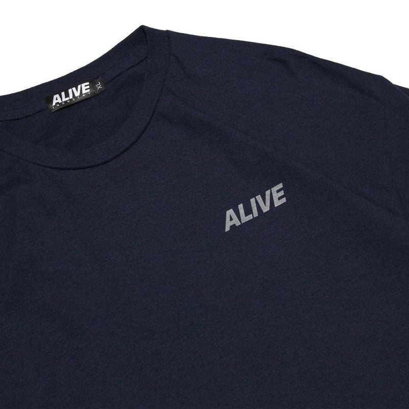 Navy blue ALIVE INDUSTRY t-shirt with ALIVE logo on chest and tag on collar