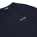 Navy blue ALIVE INDUSTRY t-shirt with ALIVE logo on chest and tag on collar