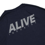 Navy blue ALIVE INDUSTRY 22LOGO T-shirt with large silver ALIVE INDUSTRY text on the back
