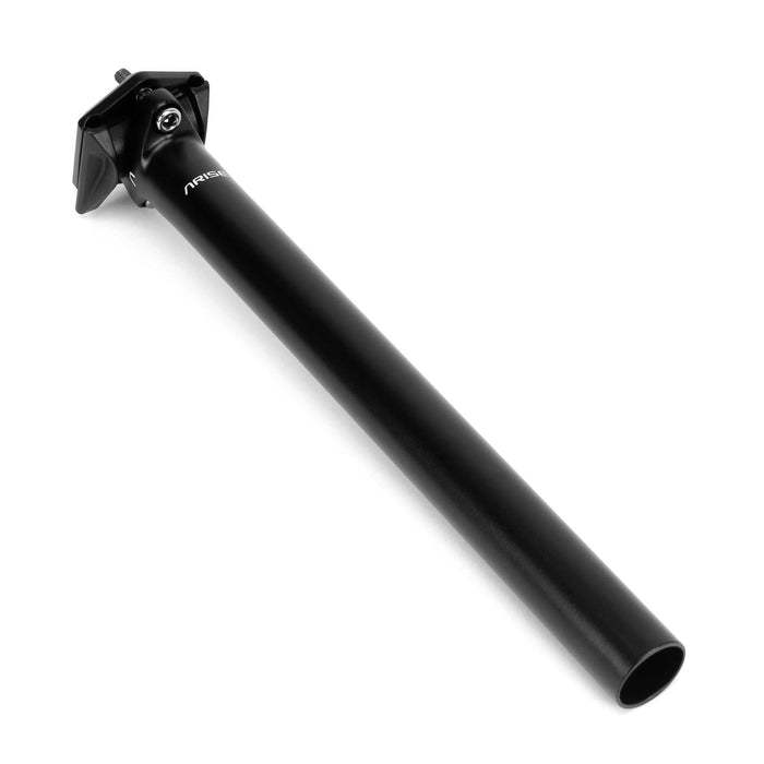 Black ARISE SENSOR RAILED SEAT POST for MTB, lightweight 2014-T6 cold forged alloy with 24-degree angle adjustment and secure rail clamp.