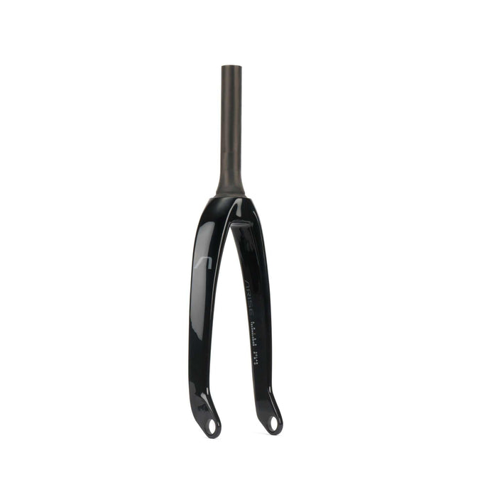 Black ARISE SOLAR PRO FORK made of lightweight Torayca carbon fiber with tapered steerer and 20mm thru axle dropout for BMX racing.