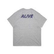 Gray ALIVE INDUSTRY 22LOGO T-shirt with navy blue logo text on the back