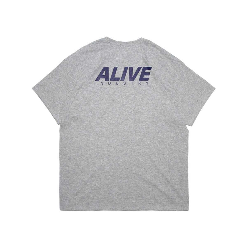 Gray ALIVE INDUSTRY 22LOGO T-shirt with navy blue logo text on the back