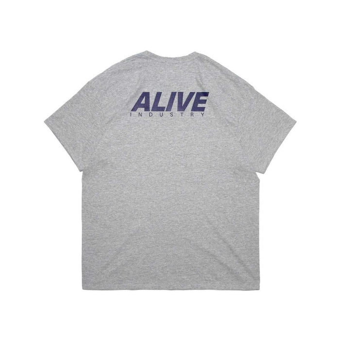Gray ALIVE INDUSTRY 22LOGO T-shirt with navy blue logo text on the back