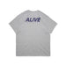 Gray ALIVE INDUSTRY 22LOGO T-shirt with navy blue logo text on the back