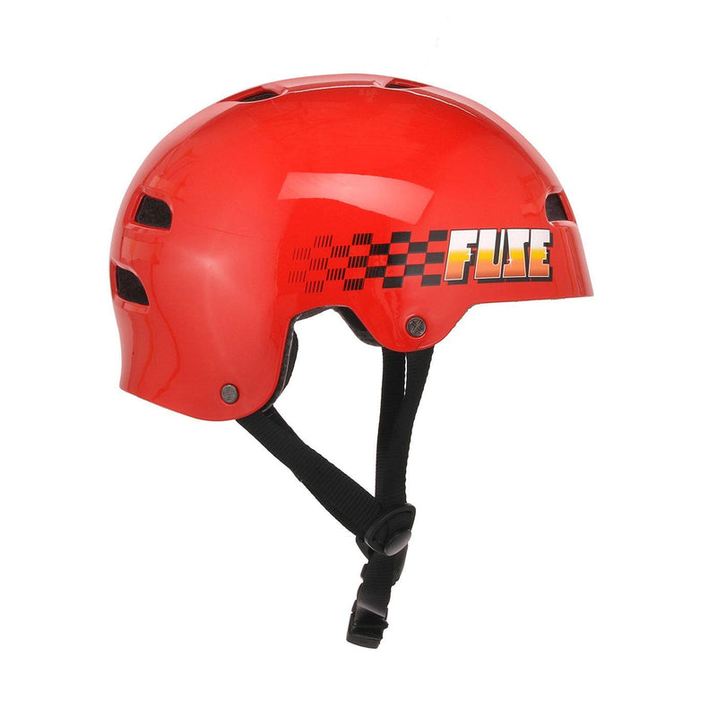 Glossy red FUSE Alpha helmet with high impact ABS shell, EPS foam, and quick release strap for speedway use