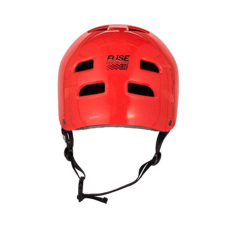 Glossy red FUSE ALPHA HELMET with high impact ABS shell, EPS foam, ventilation vents, and quick release strap.