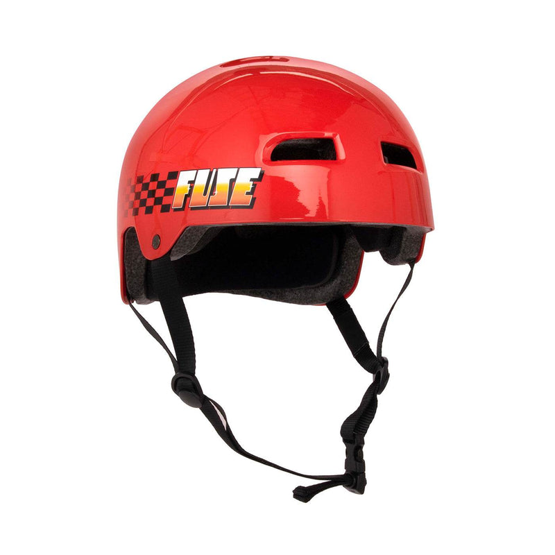 Glossy red FUSE ALPHA HELMET with high impact ABS shell, EPS foam, quick release strap, and deep fitting design for comfort and protection.