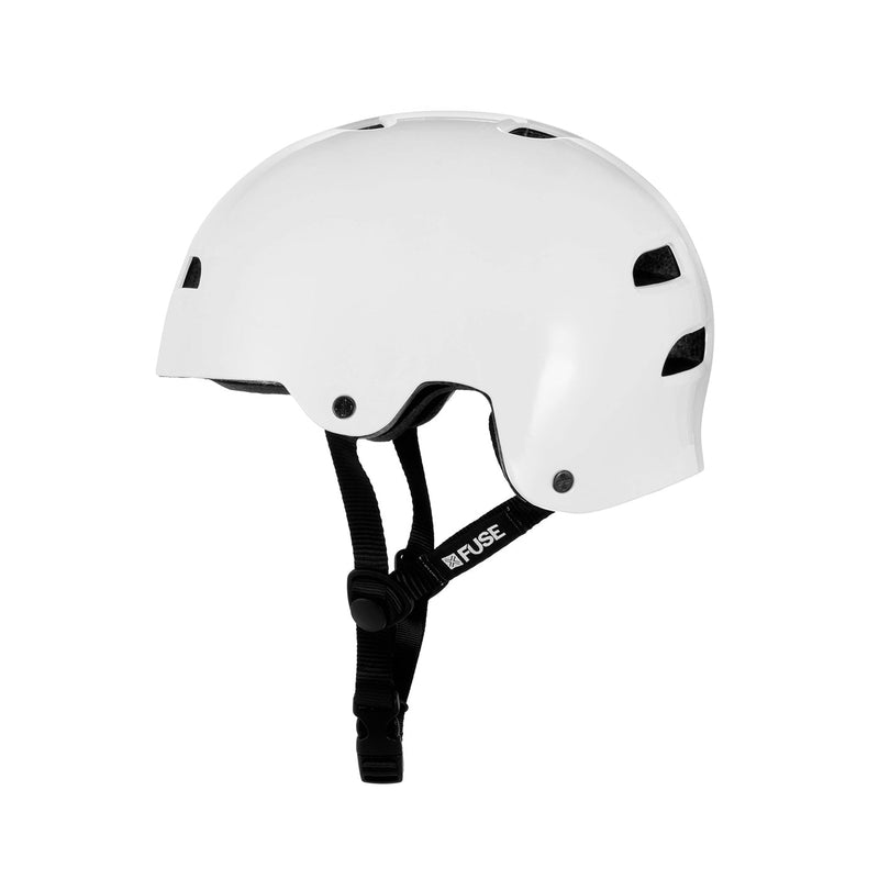 Glossy white FUSE ALPHA helmet with quick release strap and high impact ABS outer shell.
