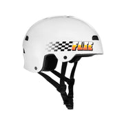 Glossy white FUSE ALPHA helmet with high impact ABS shell, EPS foam, quick release strap, and checkered logo design