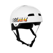 FUSE ALPHA HELMET in glossy white with speedway design, high impact ABS shell, deep fitting for comfort and custom fit foam padding.