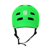 Bright neon green FUSE Alpha helmet with high impact ABS shell, EPS foam, ventilation holes, and adjustable black straps.