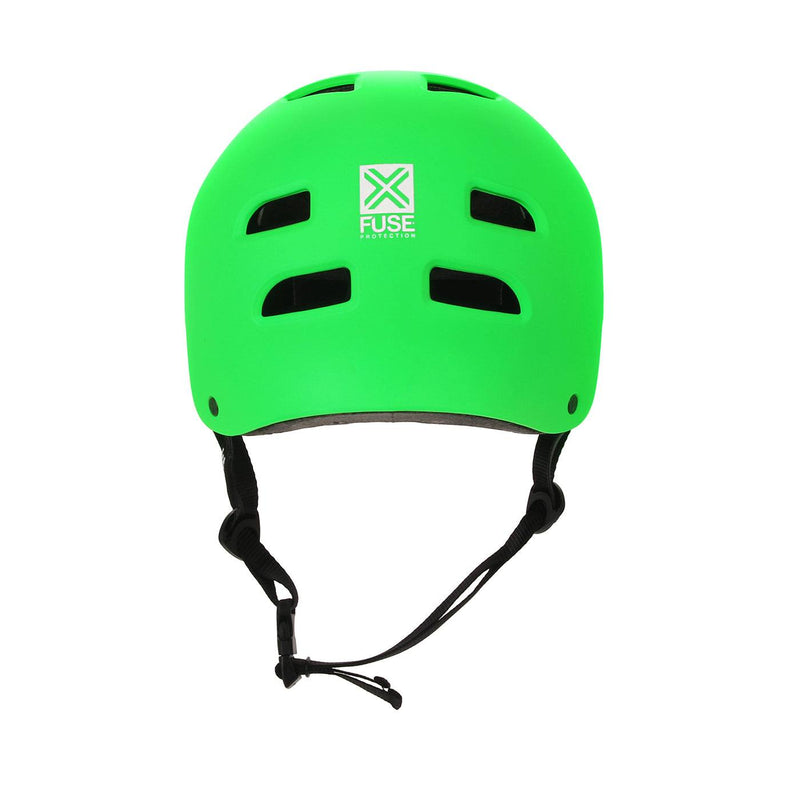 Bright neon green FUSE Alpha helmet with high impact ABS shell, EPS foam, ventilation holes, and adjustable black straps.