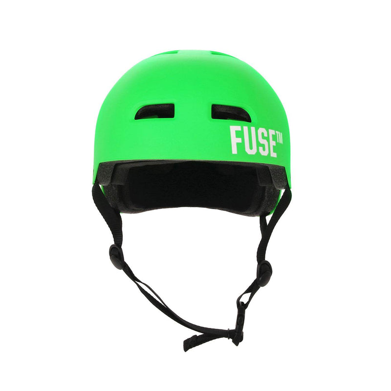 FUSE Alpha helmet in matt neon green with high impact ABS shell, EPS foam, quick release strap, and deep fitting for comfort and protection